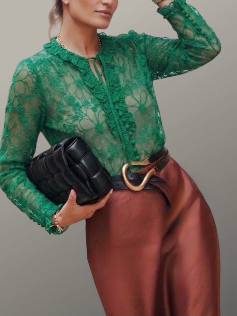 ALEXIS Lace Pattern Ruffle, Button Down, Tie-Neck, Sheer Crop Blouse